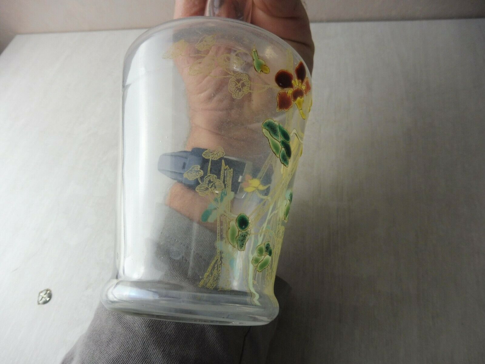 Old enamelled decanter, flower decoration, Legras