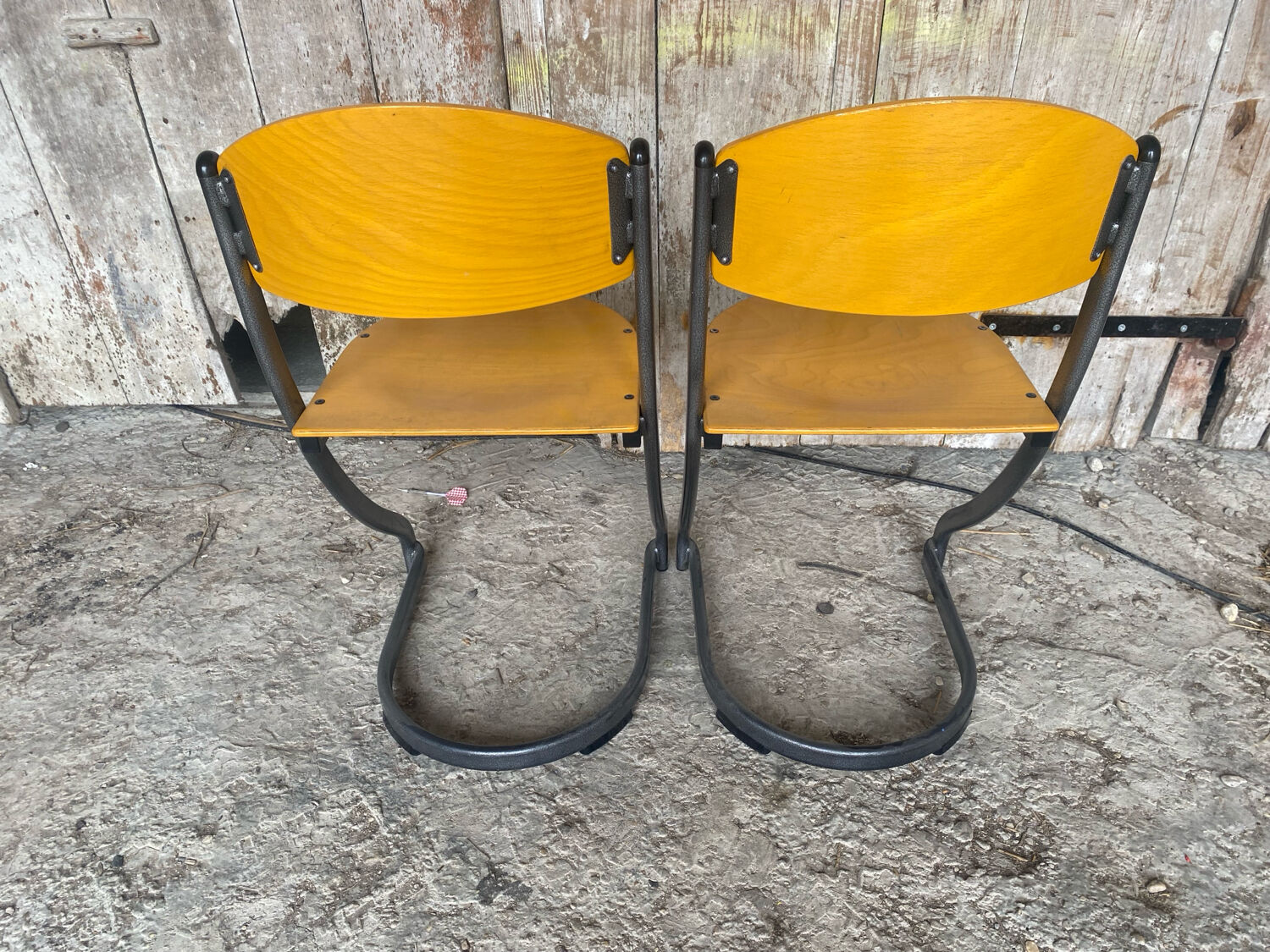 Pair of Chairs SOUVIGNET Model ELODIE Grey Metal & Wood Made in France