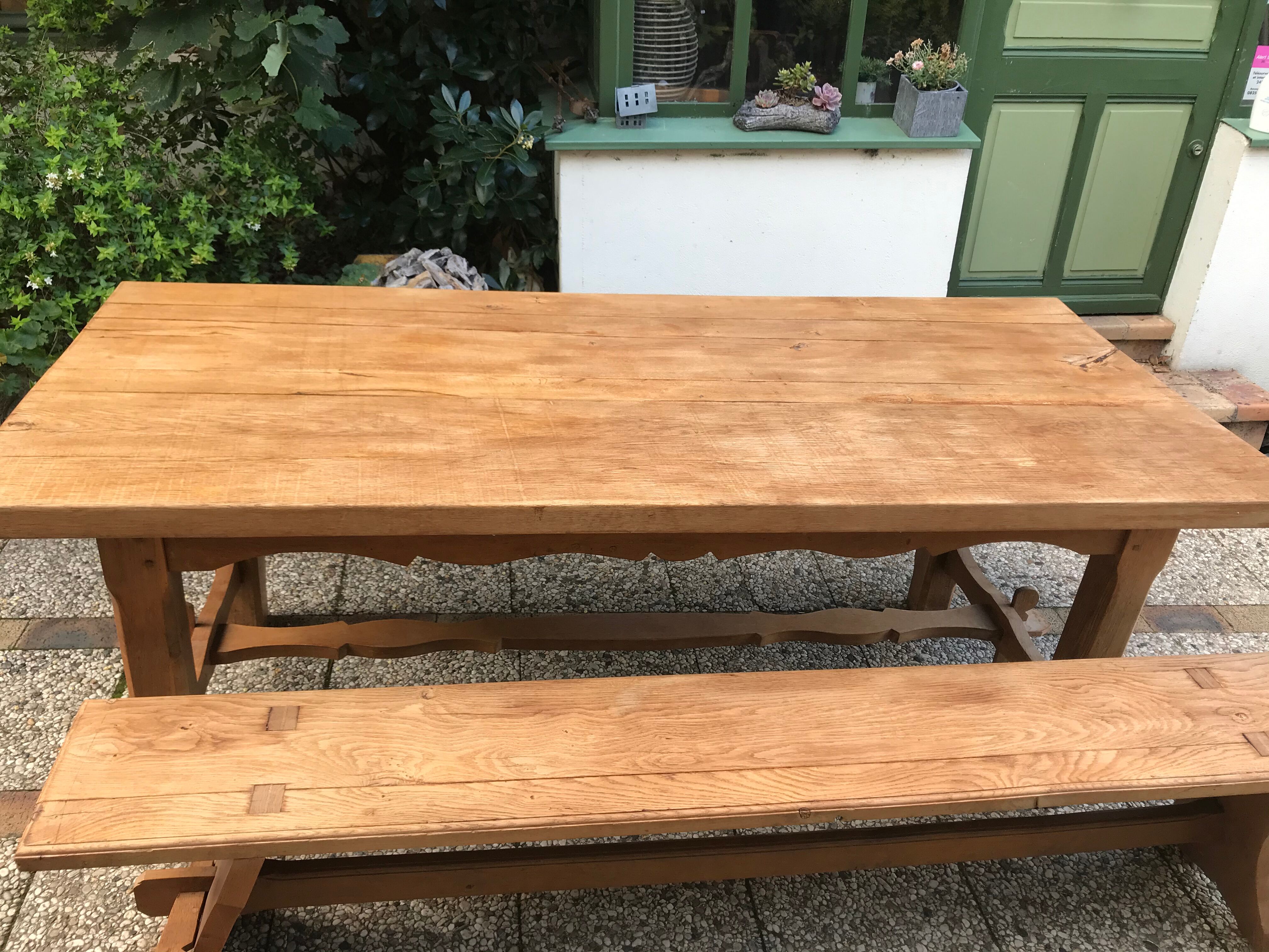 Farm table and two solid oak benches