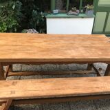 Farm table and two solid oak benches