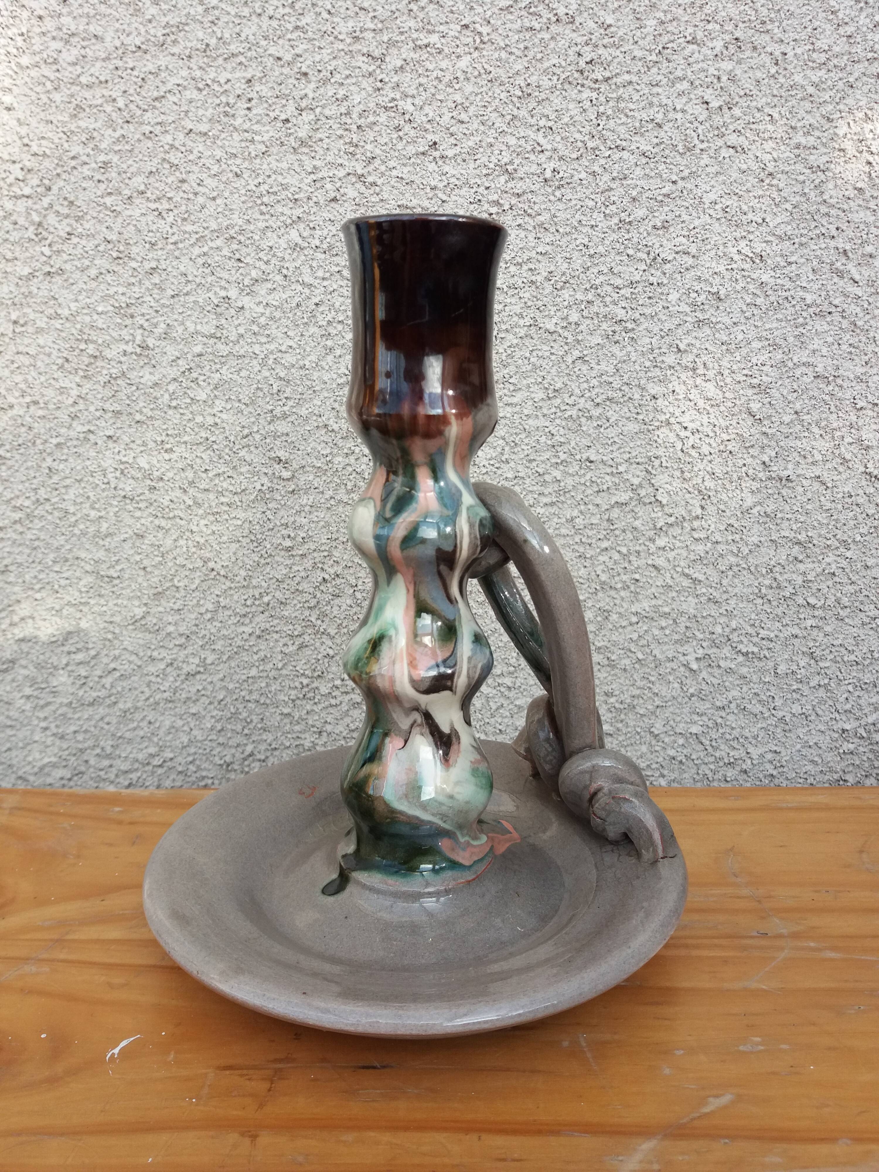 Marbled ceramic cellar rat candle holder signed
