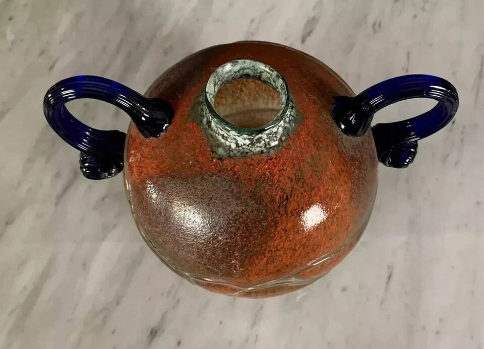 Blown glass ball vase with two handles in glass paste, Art Deco period