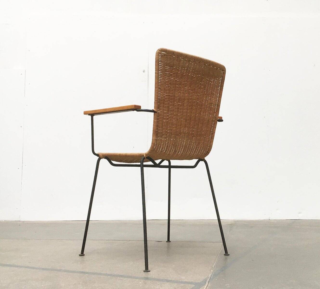 Mid-century metal and rattan dining chairs, set of 3.