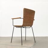 Mid-century metal and rattan dining chairs, set of 3.