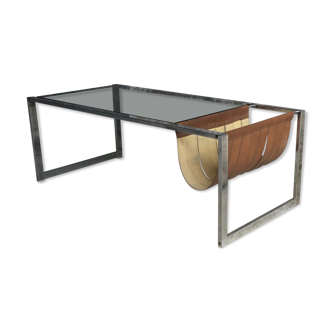 Stainless steel coffee table and glass with leatherette strip magazine holders - design 1970