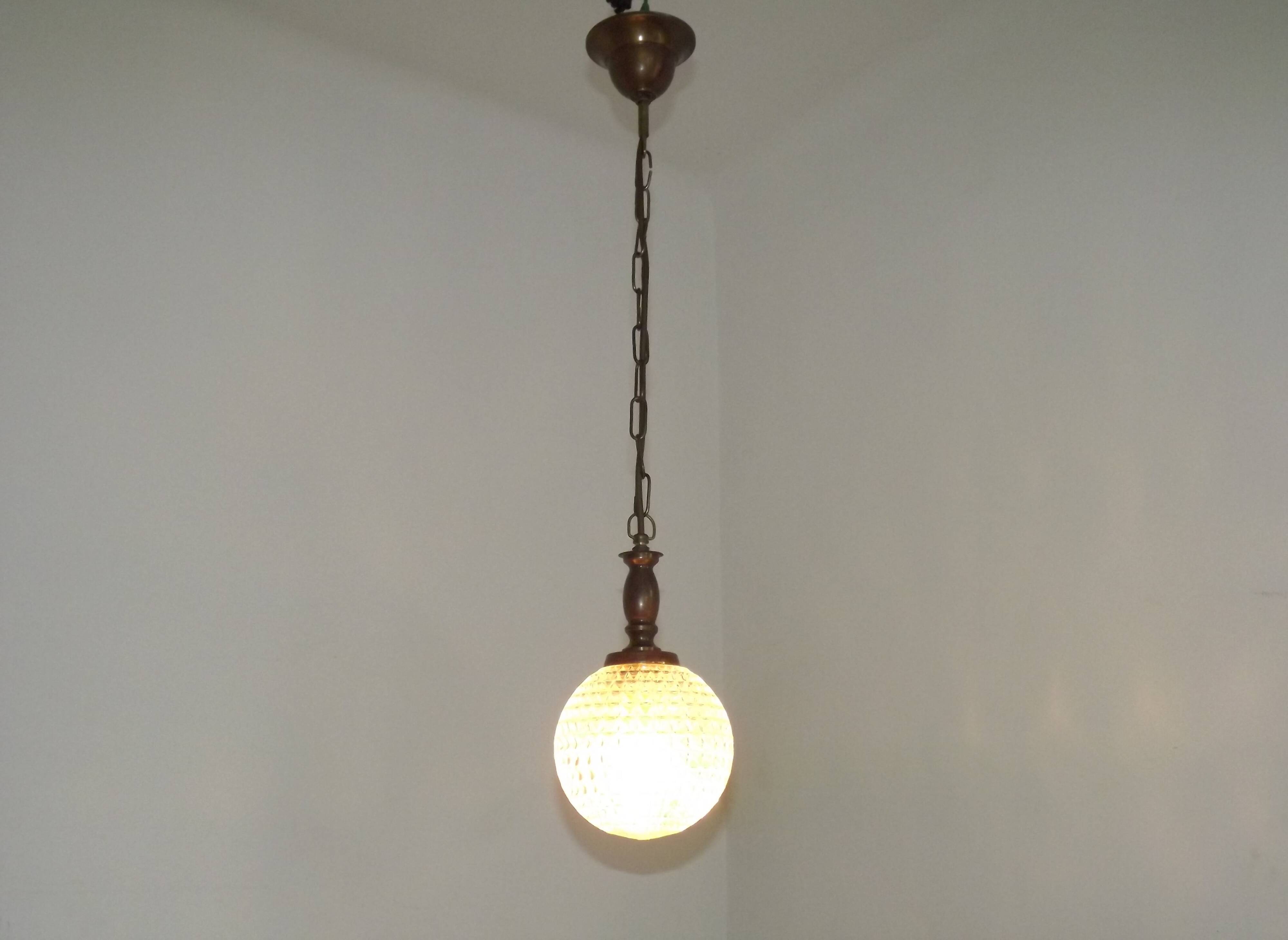 French Vintage Molded Glass & Brass Pendant Light 1970s Globe Hanging Lamp