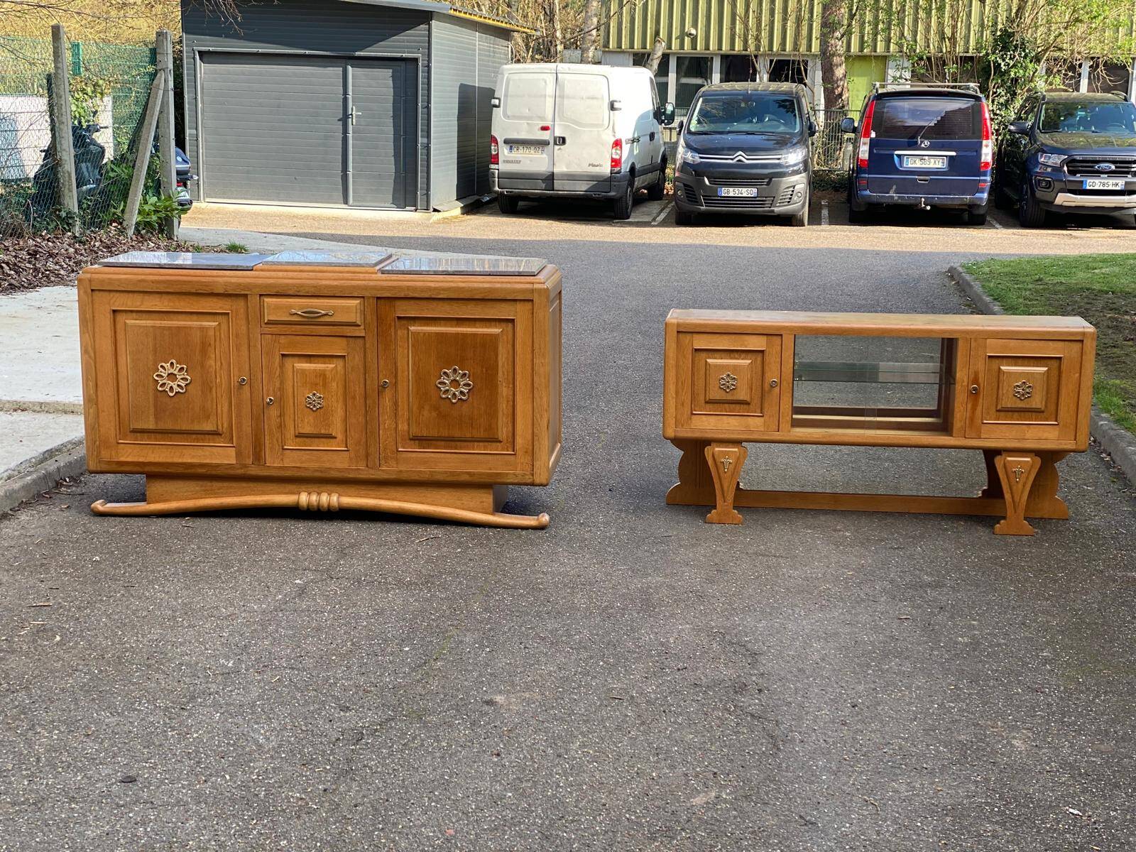 Parisian Art Deco sideboard with 2 sections in solid oak and marble, 1940