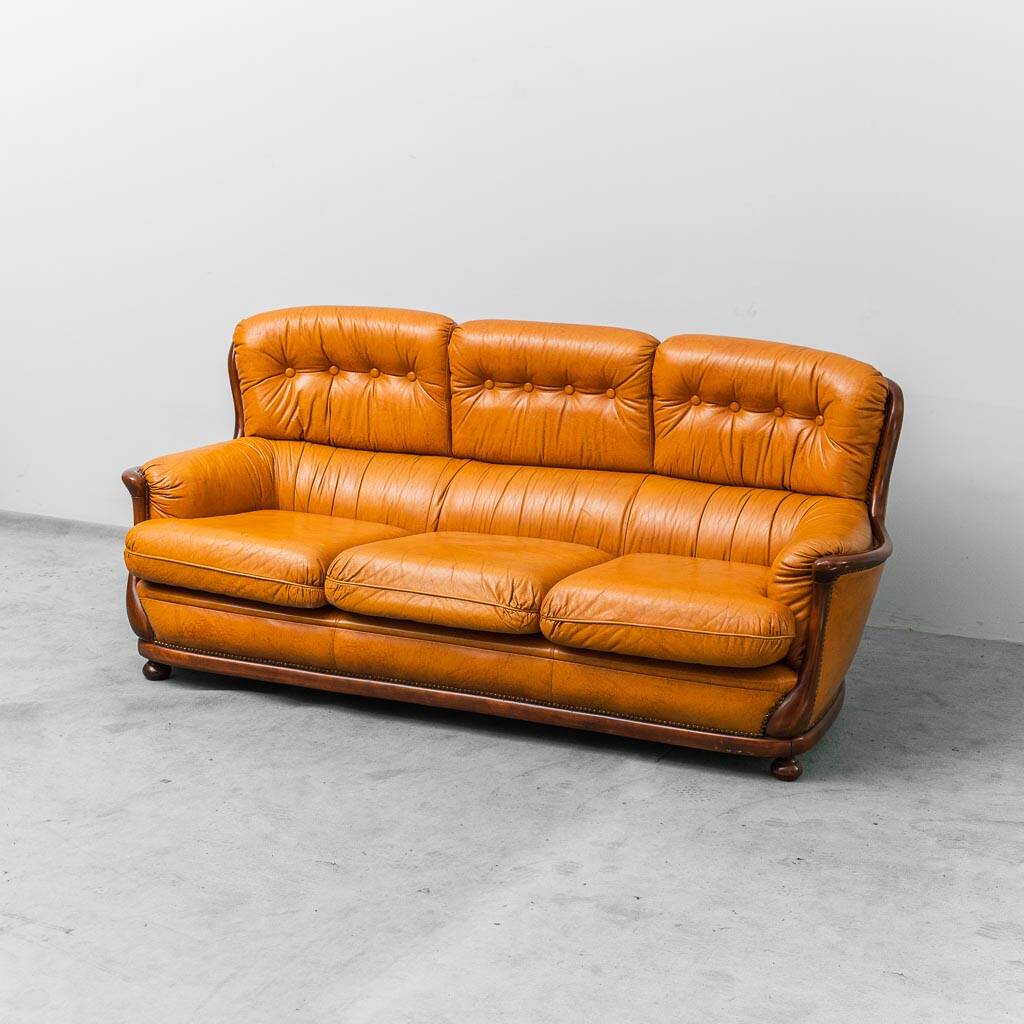 3-seater leather and wood sofa, 1950s vintage modernism