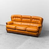3-seater leather and wood sofa, 1950s vintage modernism