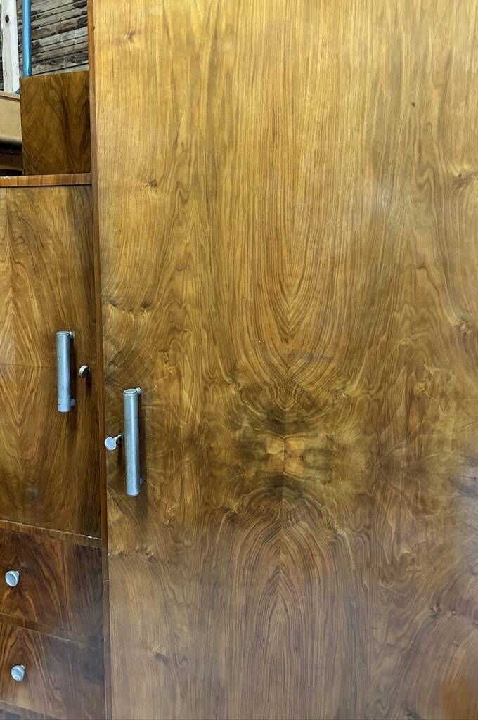 Asymmetrical wardrobe, Art Deco, 1930s walnut burl, wardrobe, shelves, drawers
