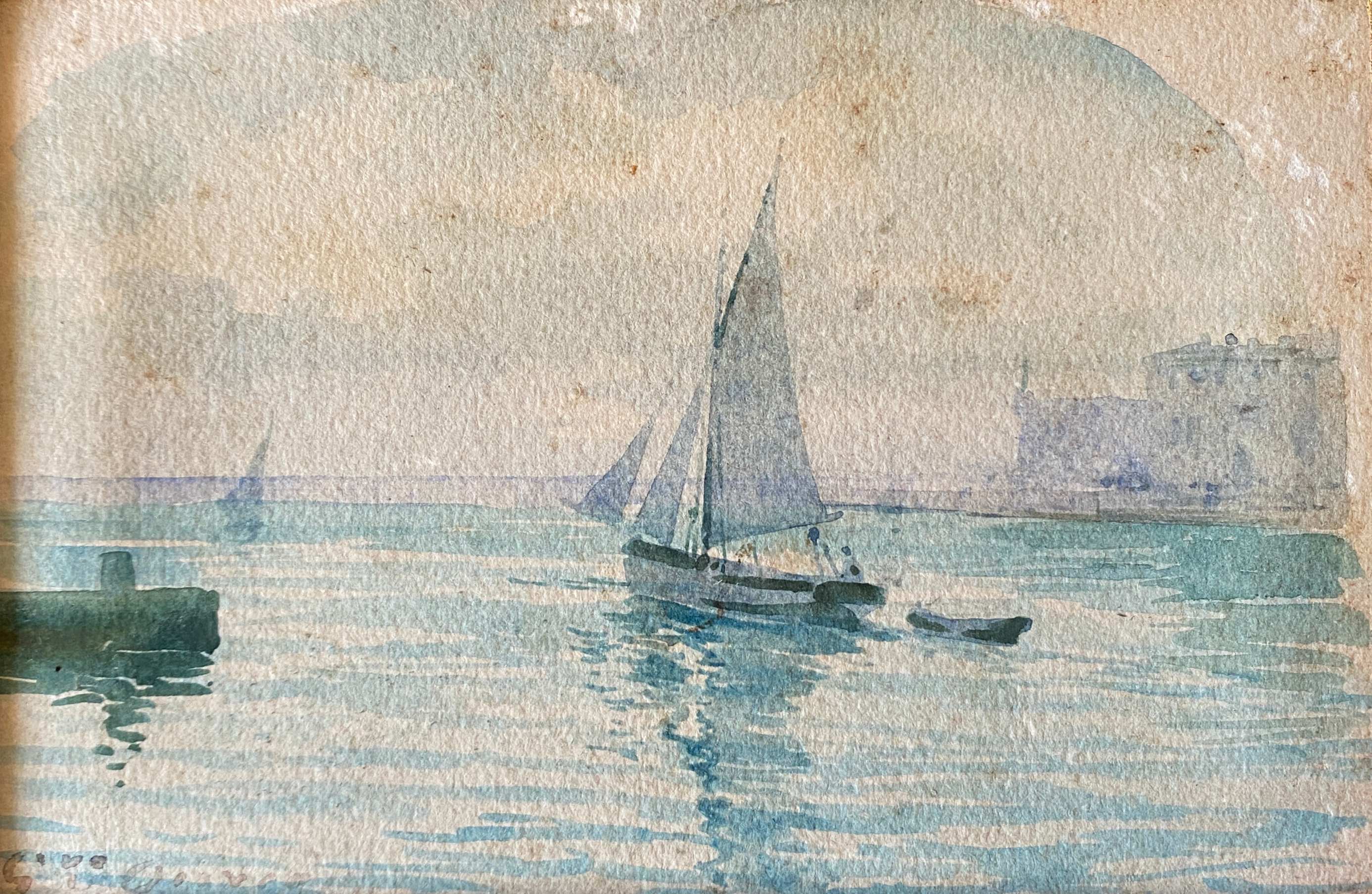 Watercolor marine painting "sailboat leaving the port" signed + frame 1900