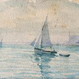 Watercolor marine painting "sailboat leaving the port" signed + frame 1900
