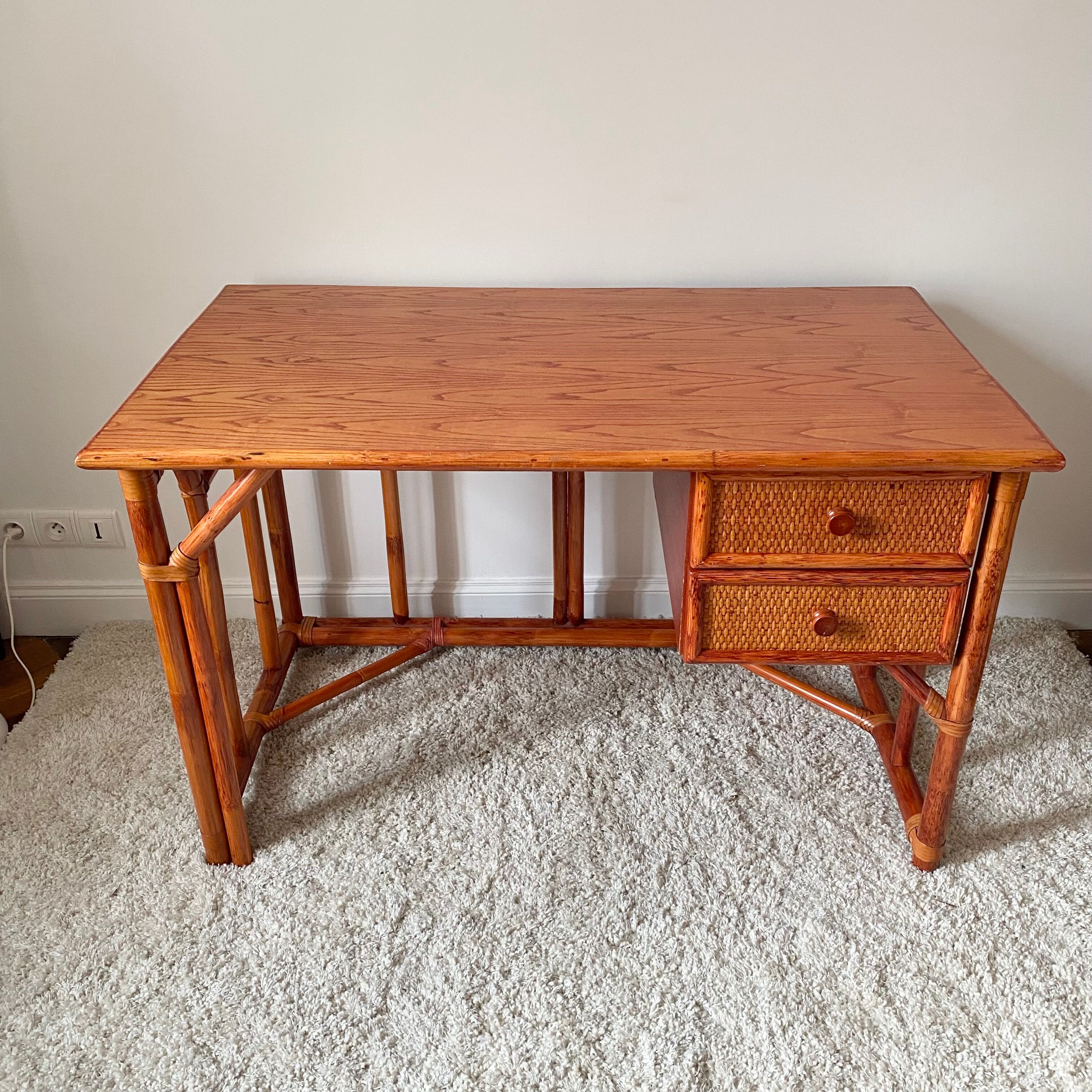 Rattan and bamboo desk Maugrion Roche Bobois