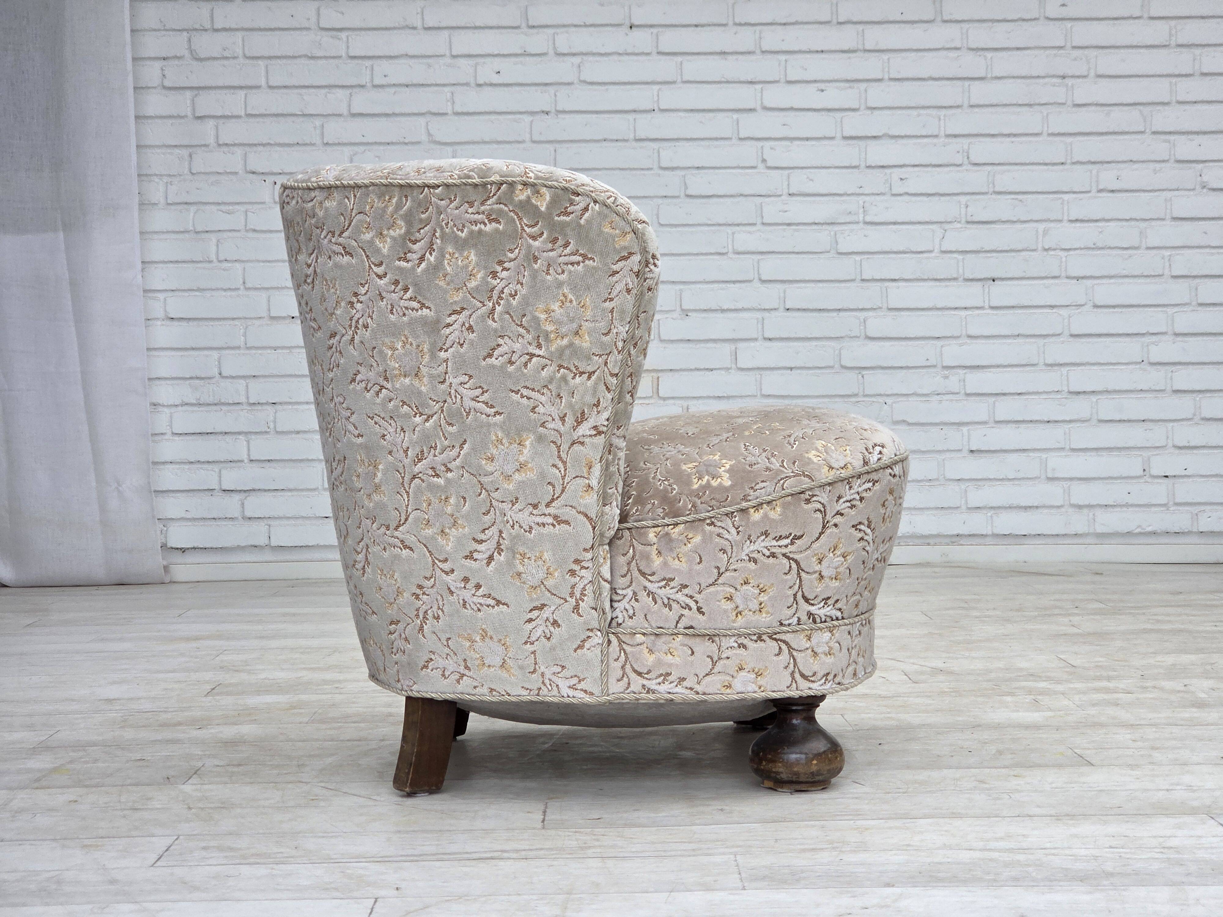 1970s, Danish curved armchair, original light green/gray furniture velour.