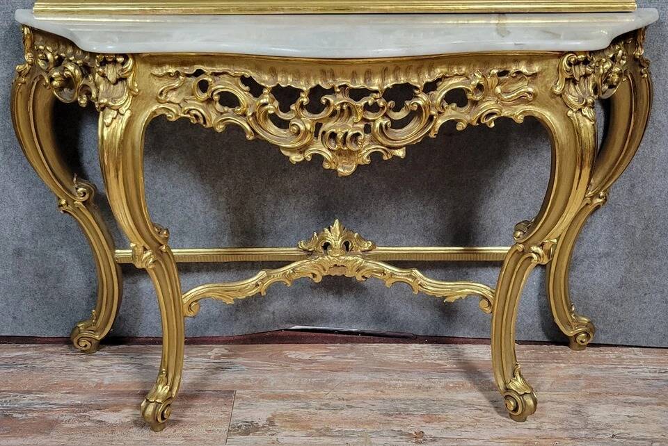 Large Venetian console + Louis XV baroque style mirror in gilded wood