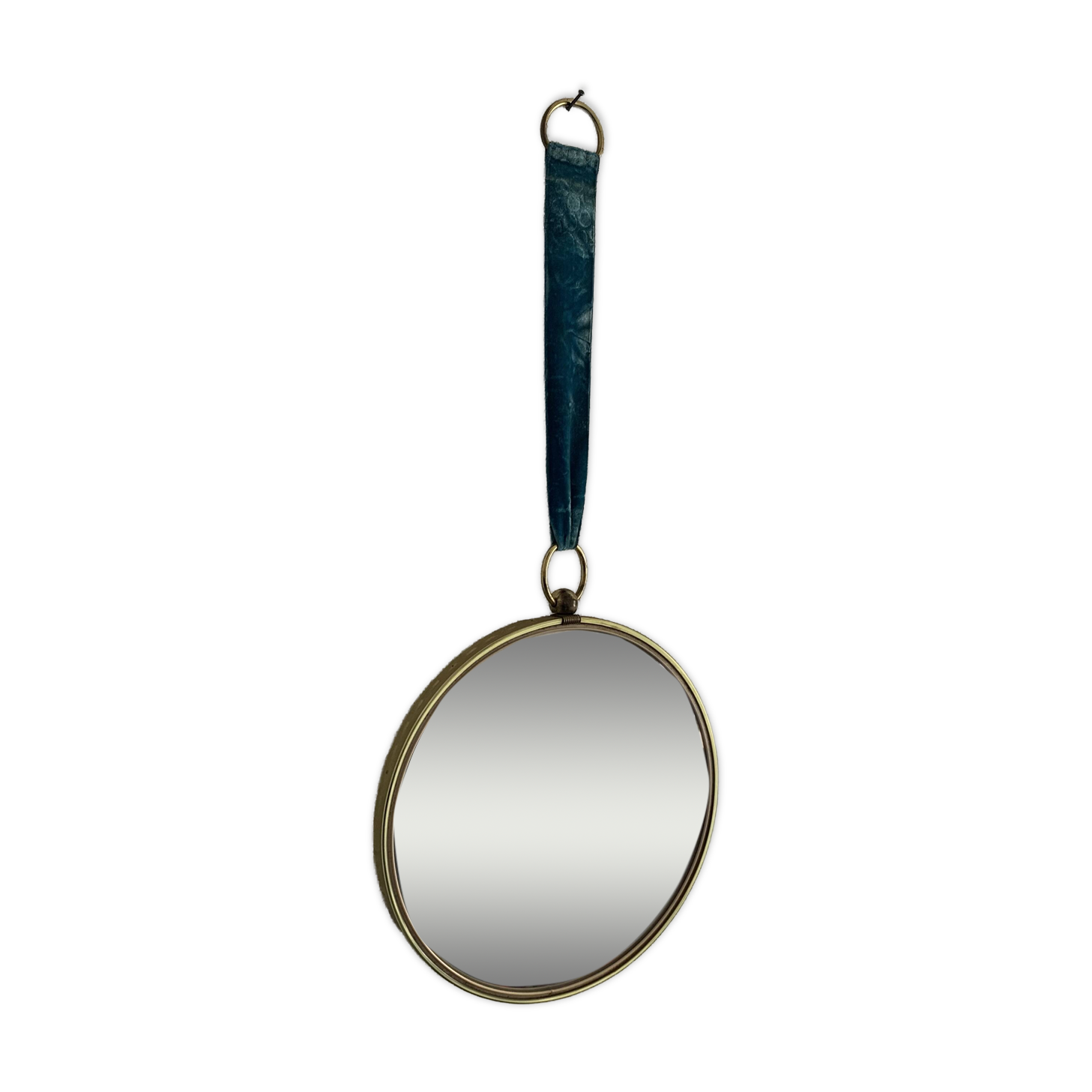 Vintage 1960 witch's eye mirror turquoise velvet sun - 24 x 54 cm