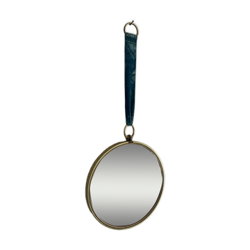Vintage 1960 witch's eye mirror turquoise velvet sun - 24 x 54 cm