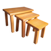 3 nesting tables in vintage elm, brutalist design.