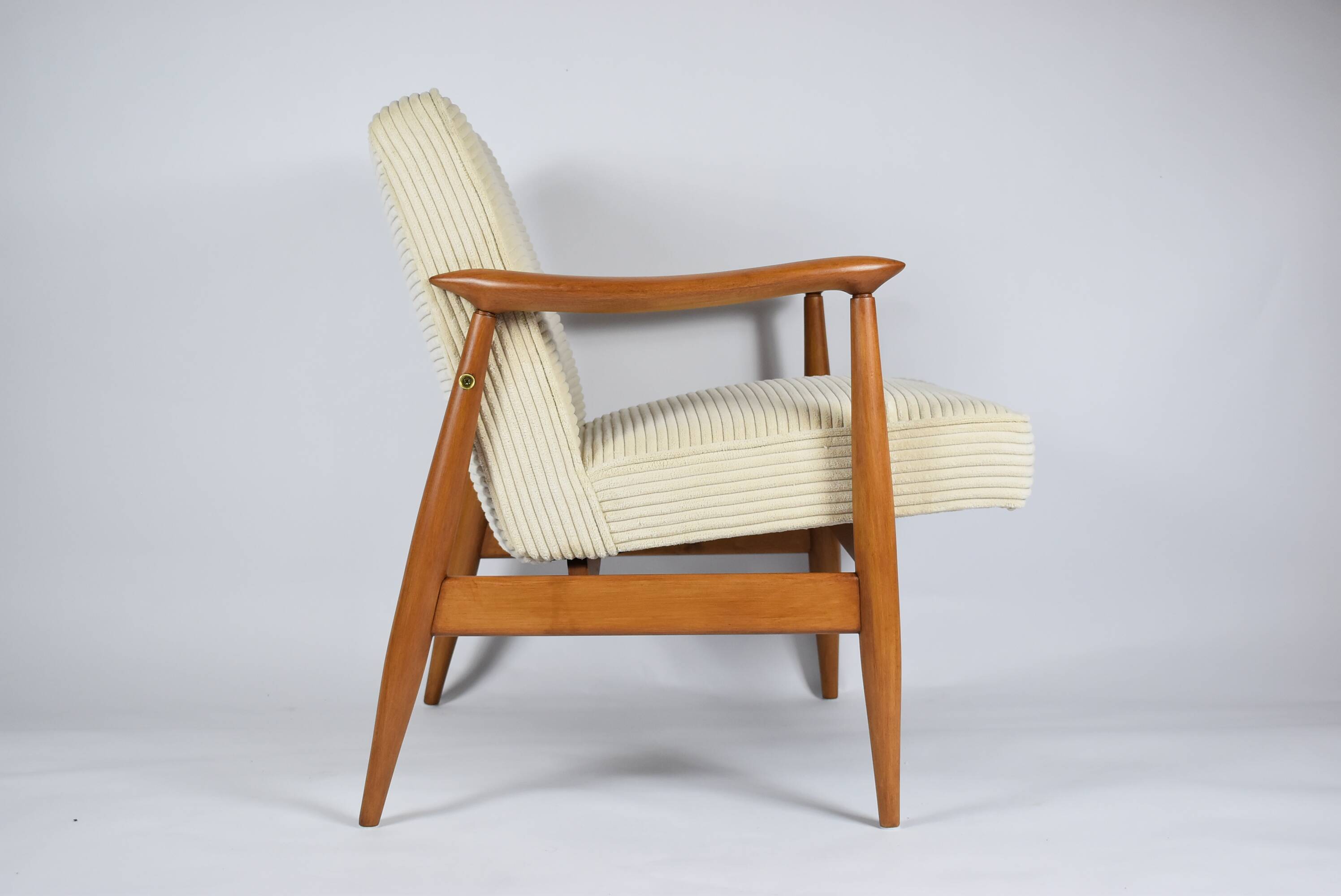 Restored scandinavian armchair "Kedzior", 1960s, cream Cord, teak