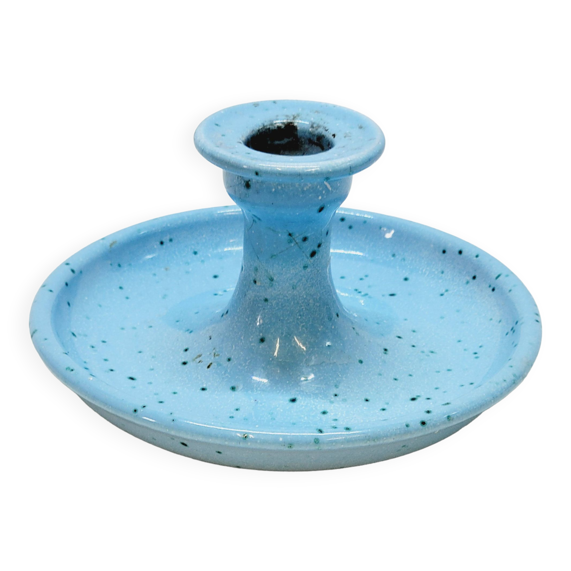 Light blue glazed ceramic candle holder with green speckled signed scorpion stamp