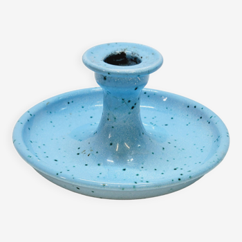 Light blue glazed ceramic candle holder with green speckled signed scorpion stamp