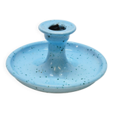 Light blue glazed ceramic candle holder with green speckled signed scorpion stamp