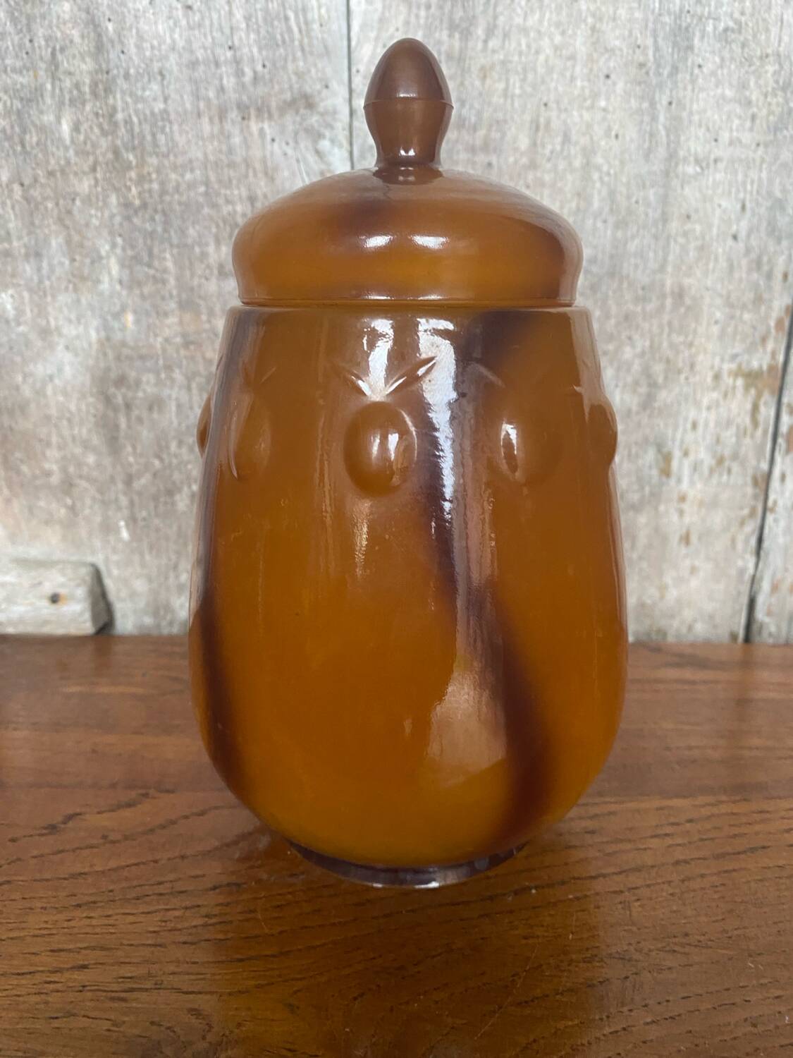 Antique Orange Marbled Glass Jar Pot + Vintage Kitchen Lid #B721