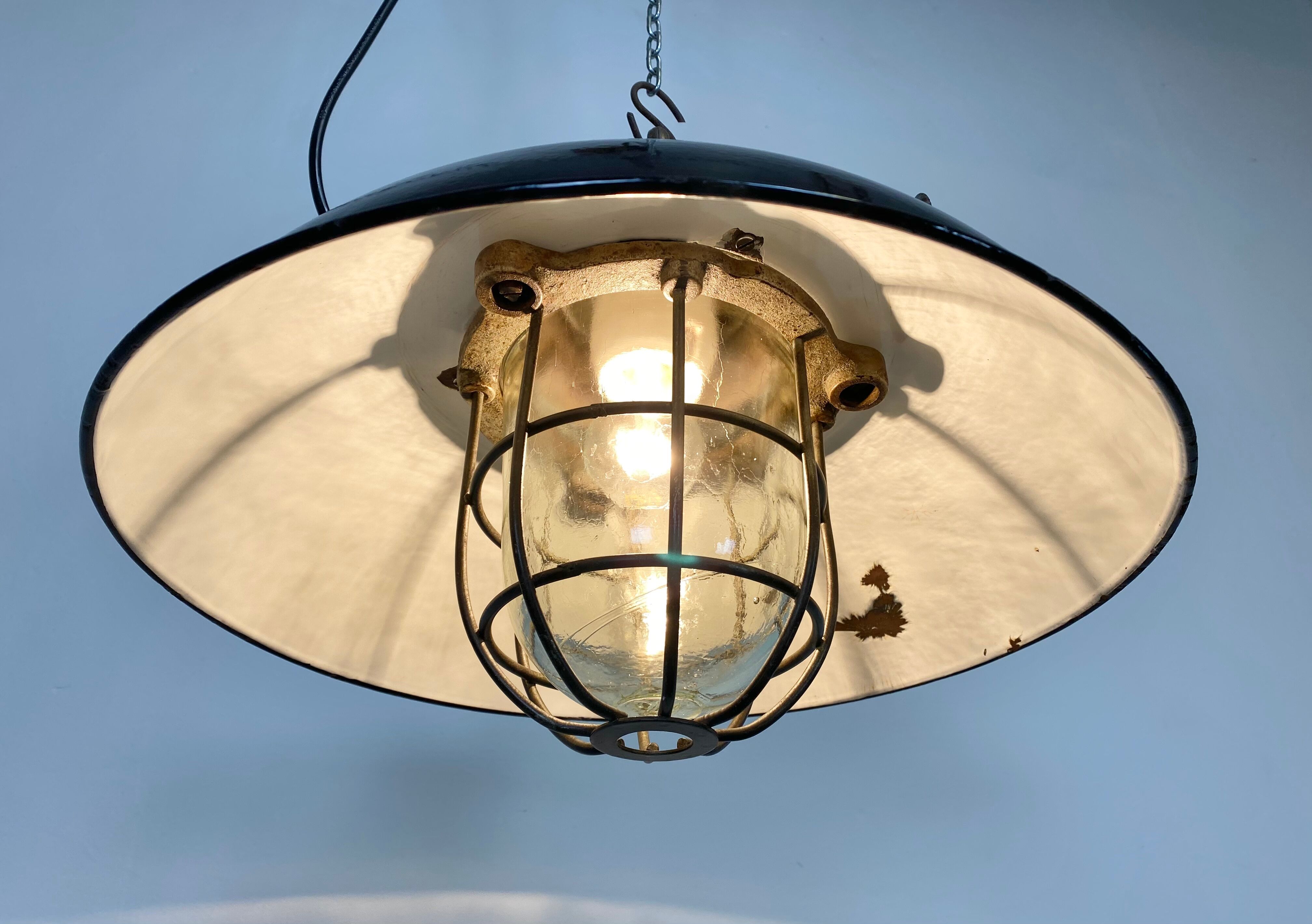 Black enamel and cast iron industrial cage pendant lamp, 1950