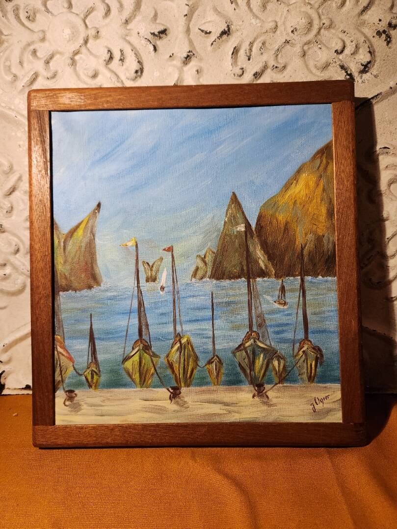 Vintage 1960s oil on canvas painting of a fishing port, framed and signed.