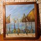 Vintage 1960s oil on canvas painting of a fishing port, framed and signed.