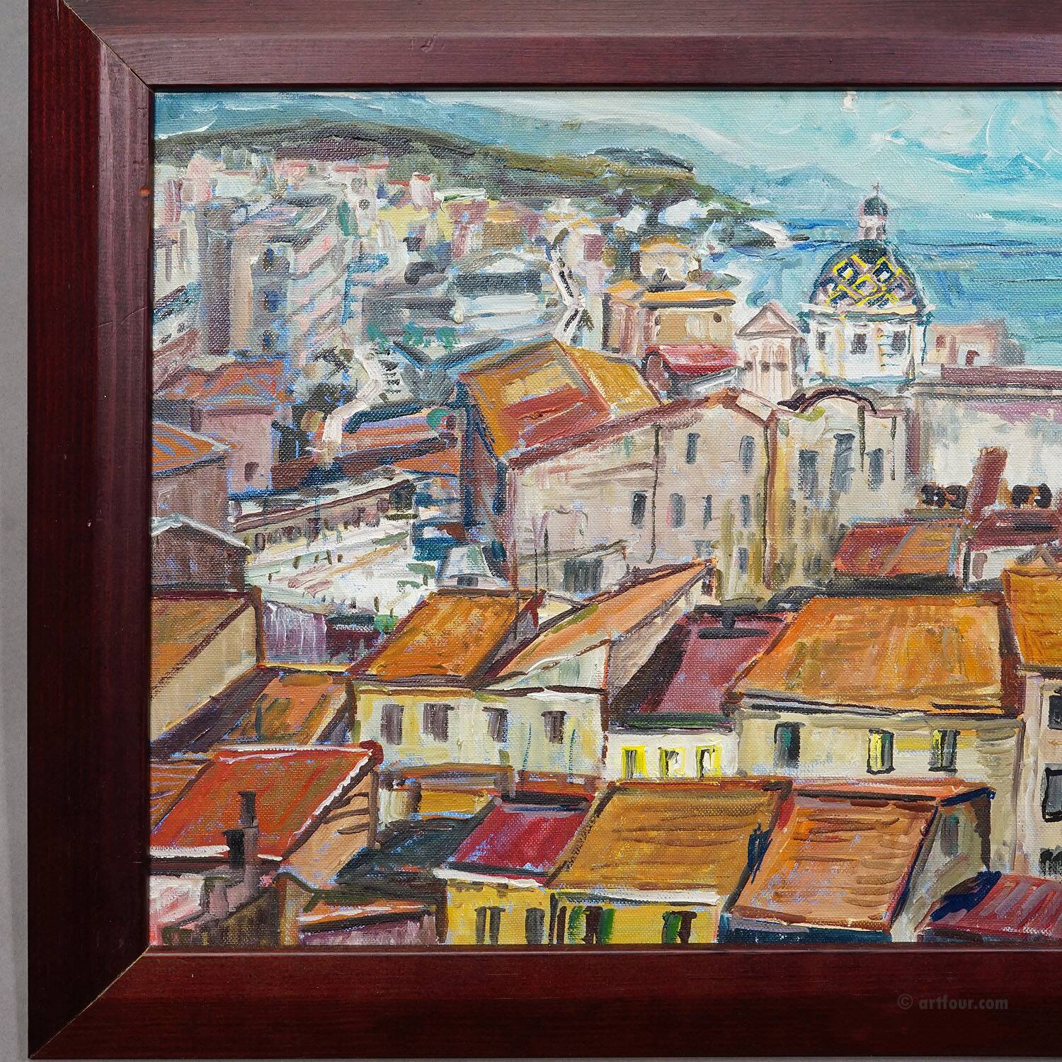 Oil painting by Alexander Michael of a coastal town in southern Italy, 1978.