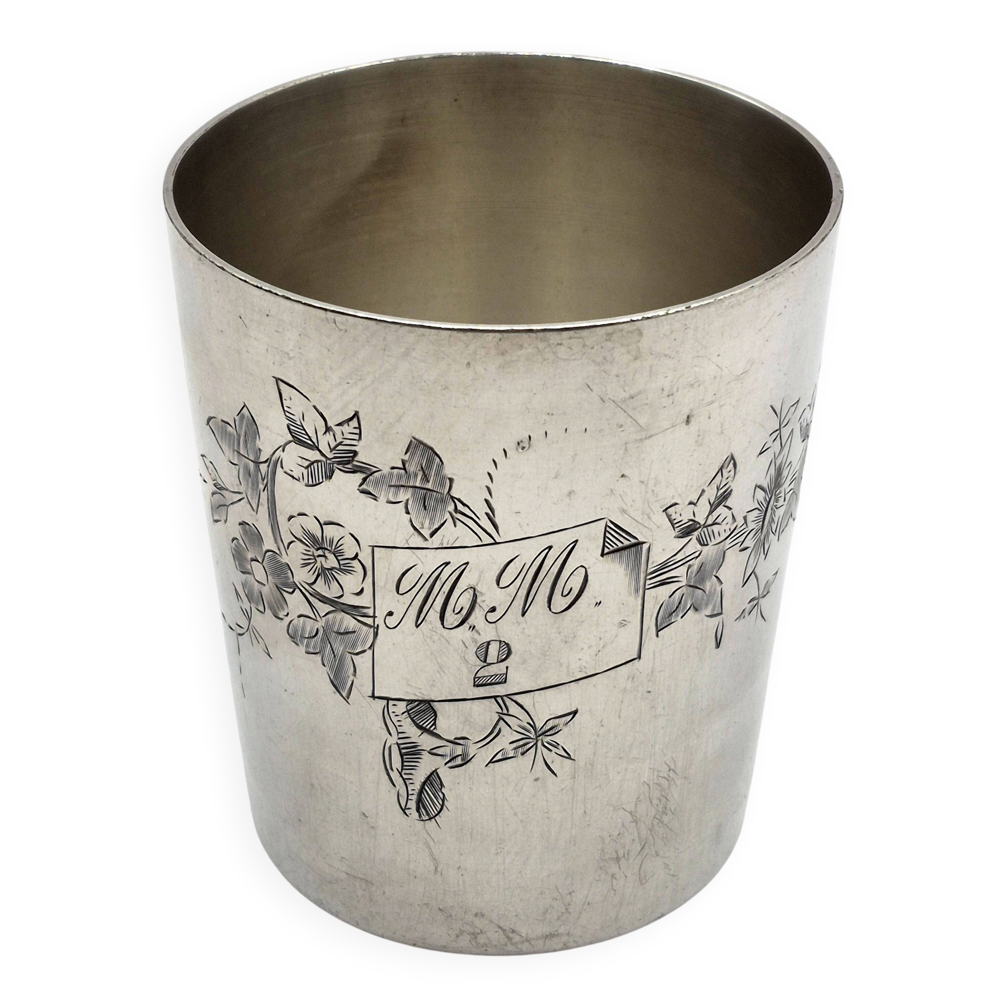 Ercuis silver-plated timbale, engraved floral decoration and monogram m.m – a23