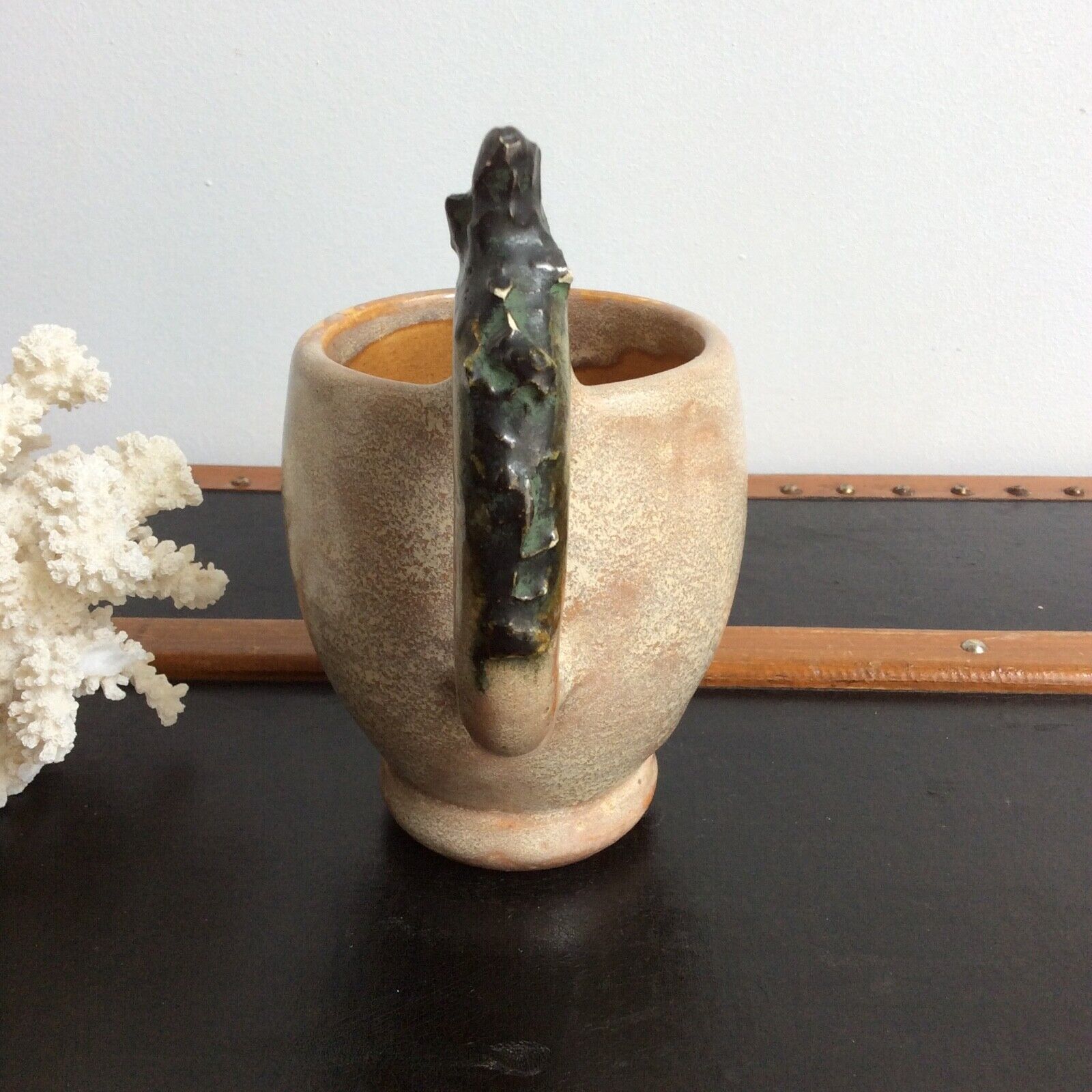 Mug cup with laughing face in sandstone Sylvain Sttublet vintage ceramic 1950