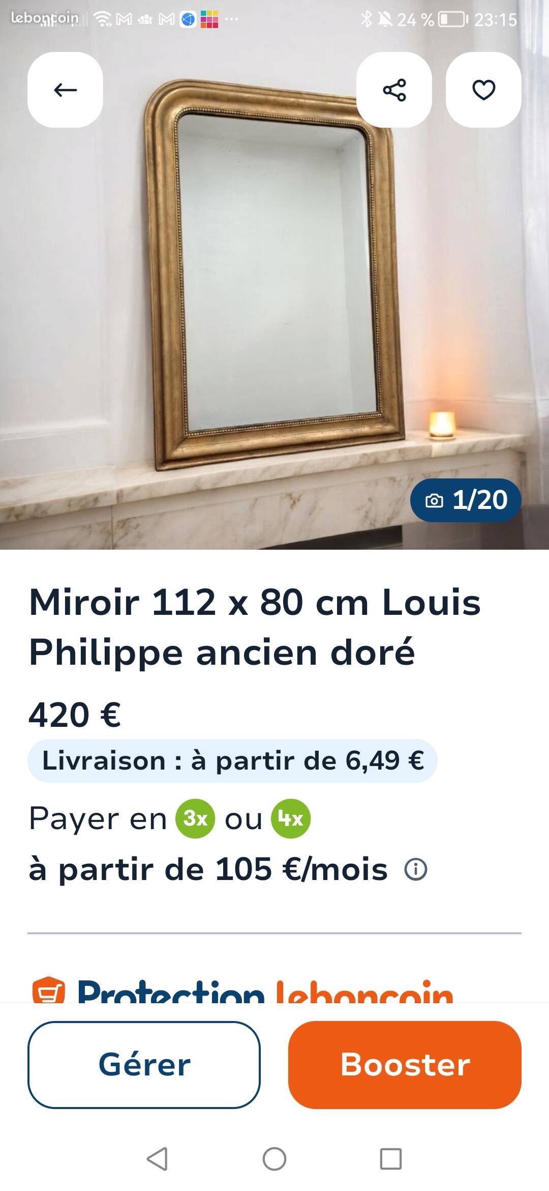 Large antique Louis Philippe gilded mirror