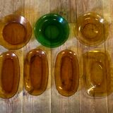 Set of 7 dishes in brown and green vintage glass