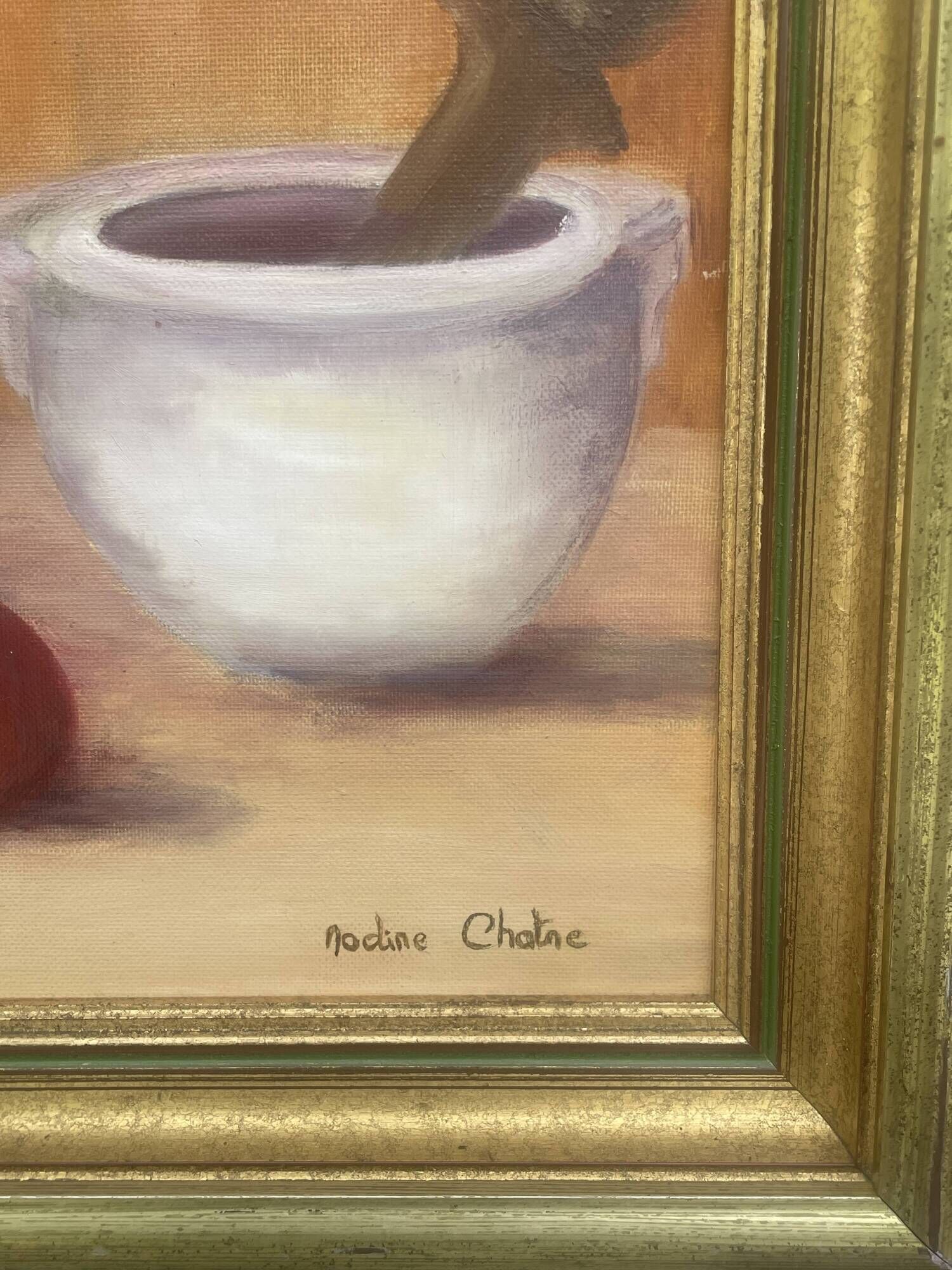 Painting Oil canvas mounted on panel, Still life with bouquet Nadine Chatre
