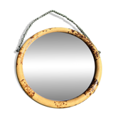 Vintage round rattan mirror with a diameter of 20 cm and a hanging chain.