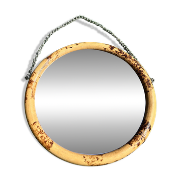 Miroir rond vintage en rotin diamètre 20 cm avec chaîne d’accroche