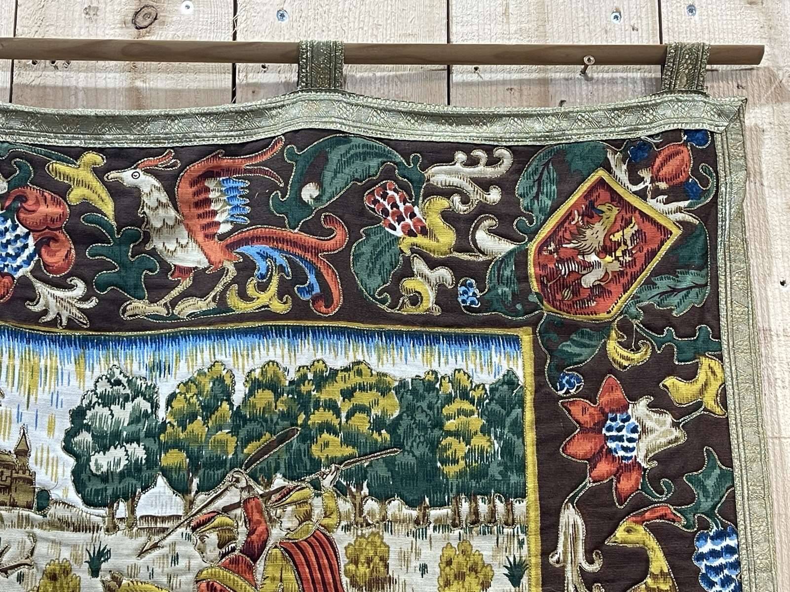 Printed tapestry and embroidery decorated with a medieval hunting scene - 1m50x1m12