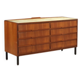 Commode vintage en placage d’acajou et verre design années 1960