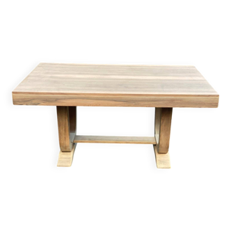 Rectangular extendable Art Deco dining table renovated in raw wood, 150cm.