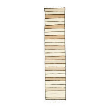 Vintage Turkish Oushak Handmade Cotton Beige Wool Kilim Runner Rug 81x347