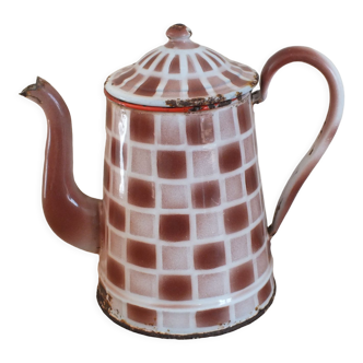 Cafetière émaillée années 20, damiers marrons