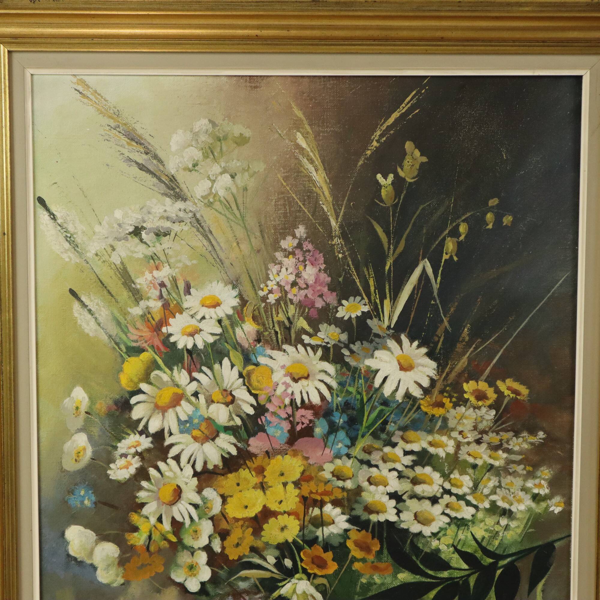 Flowers Bouquet Still Life Painting Oil on Canvas Framed Signed