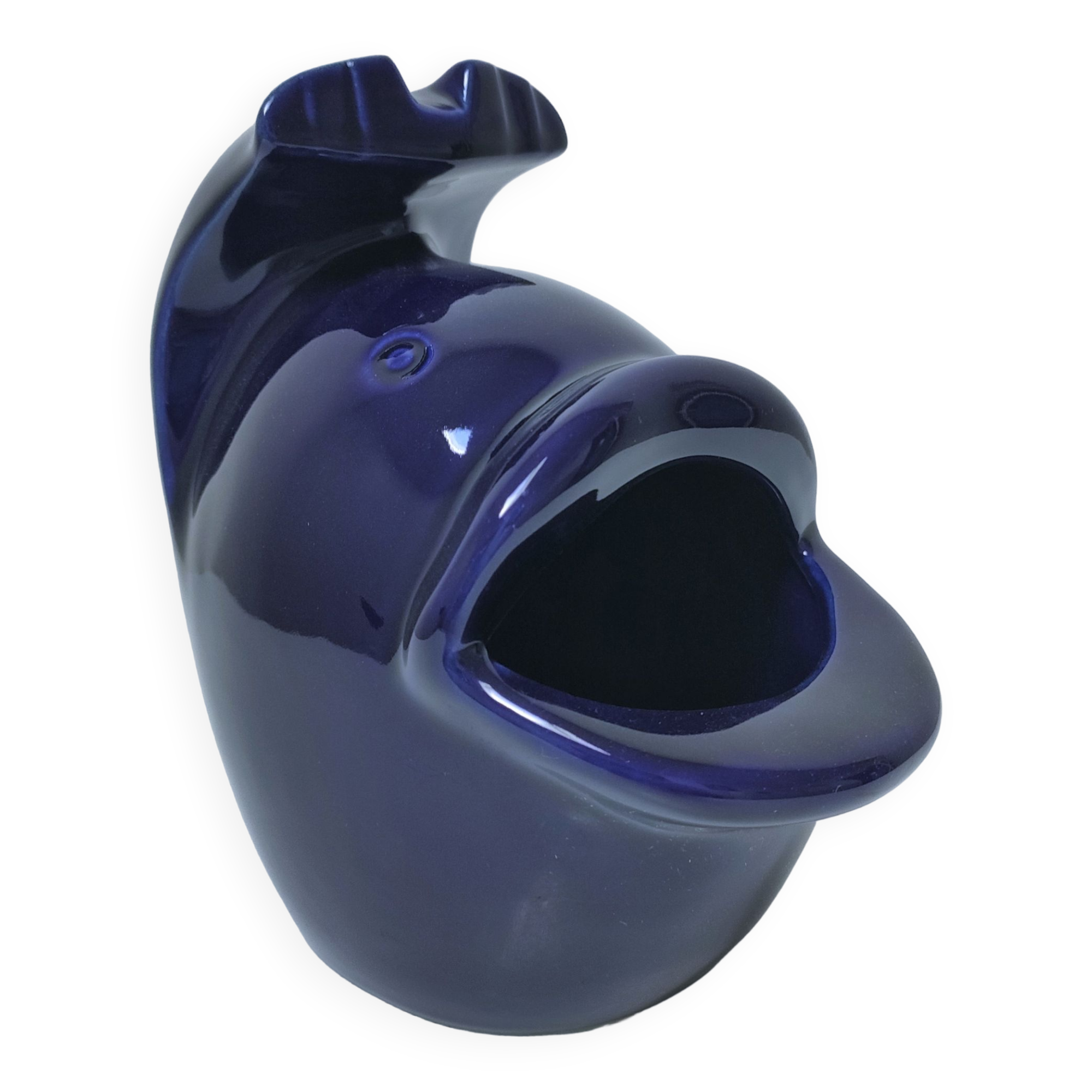 Grand cendrier poisson céramique bleue design vintage