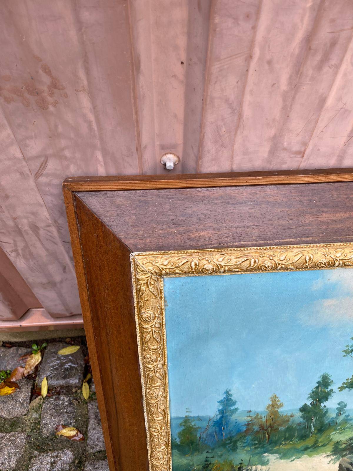 Oil painting on canvas, house and lake, 120x80cm