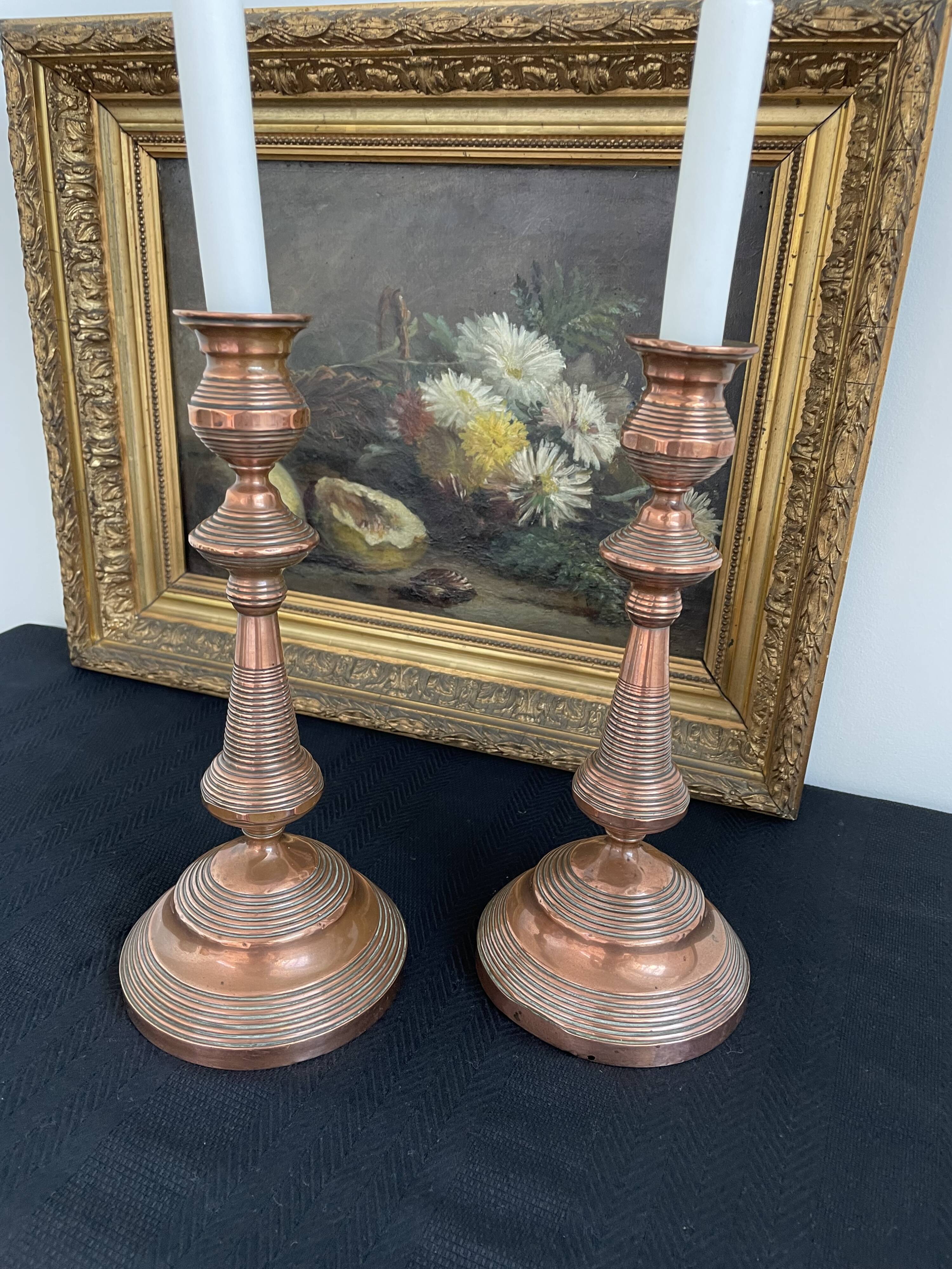 Antique, pair of candle holders, copper, brass, candle, goldsmith hallmark, old, large, massive, France