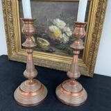Antique, pair of candle holders, copper, brass, candle, goldsmith hallmark, old, large, massive, France