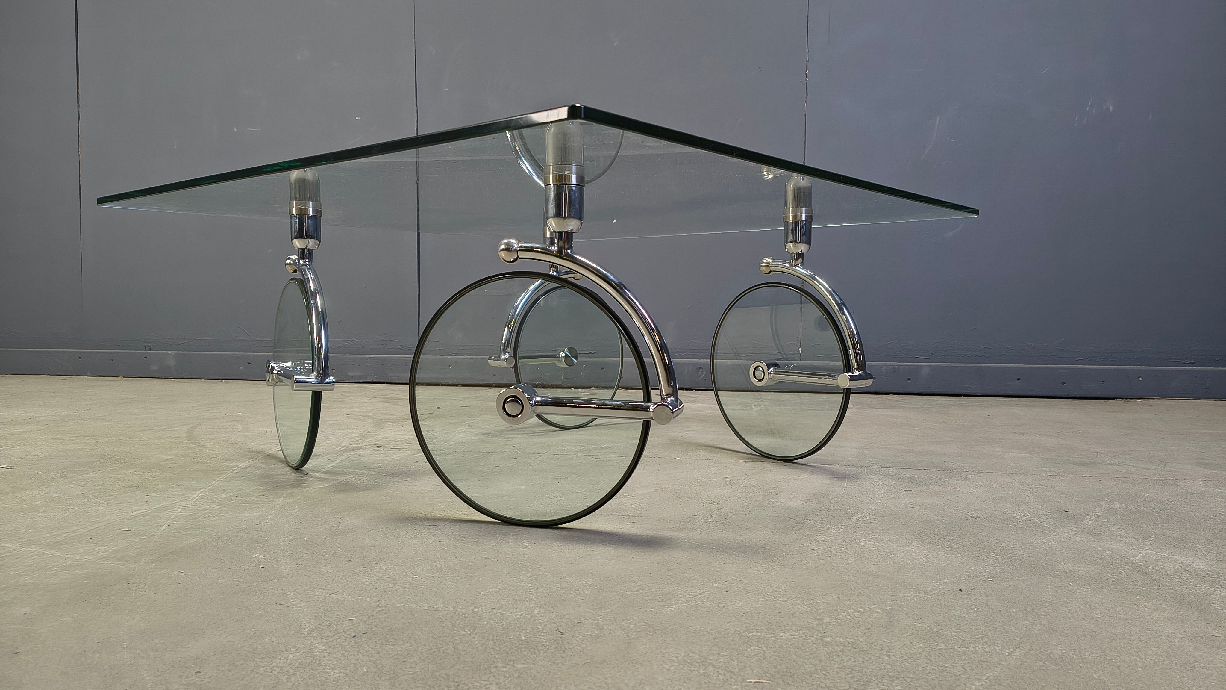 Glass coffee table with wheels, 1980s