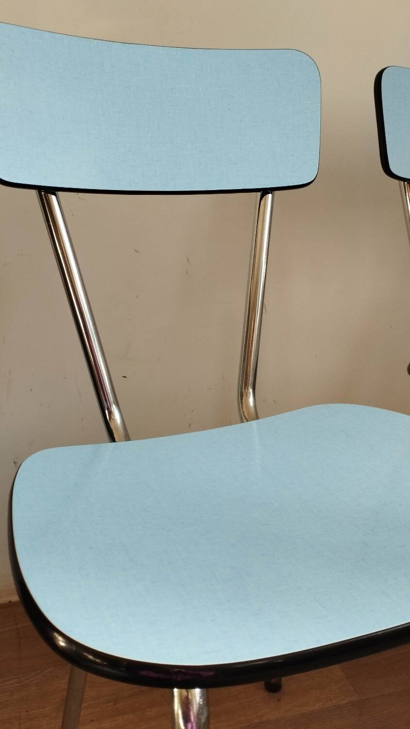 4 blue Formica chairs